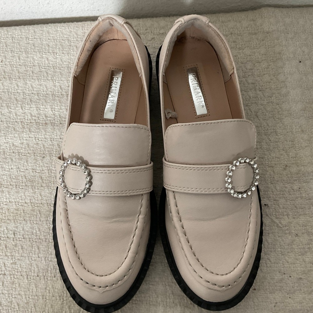 Primark Womens Cream Chunky Platform Loafers Rhinestone Buckle Lug Sole Sz 6